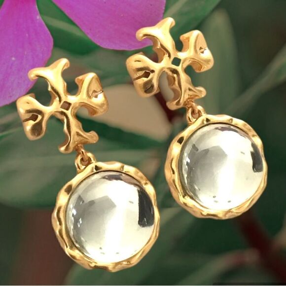 TORY BURCH ROXANNE DROP CRYSTAL DANGLE EARRINGS 18K GOLD OVER BRASS - Picture 1 of 7
